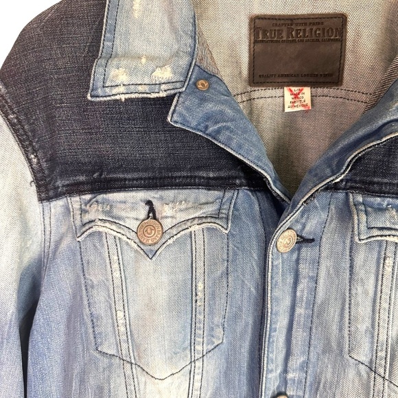 True Religion Jean Two Tone Jimmy Distressed Jean Jacket Size Large - Picture 3 of 5